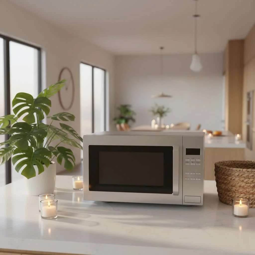 Various microwave ovens displayed in a modern kitchen