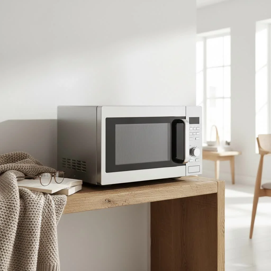 Modern kitchen with a sleek double oven and built-in microwave