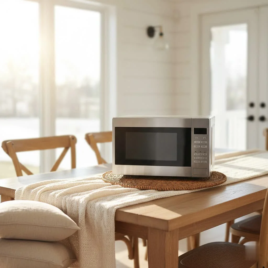 Microwave oven interior with a glass turntable