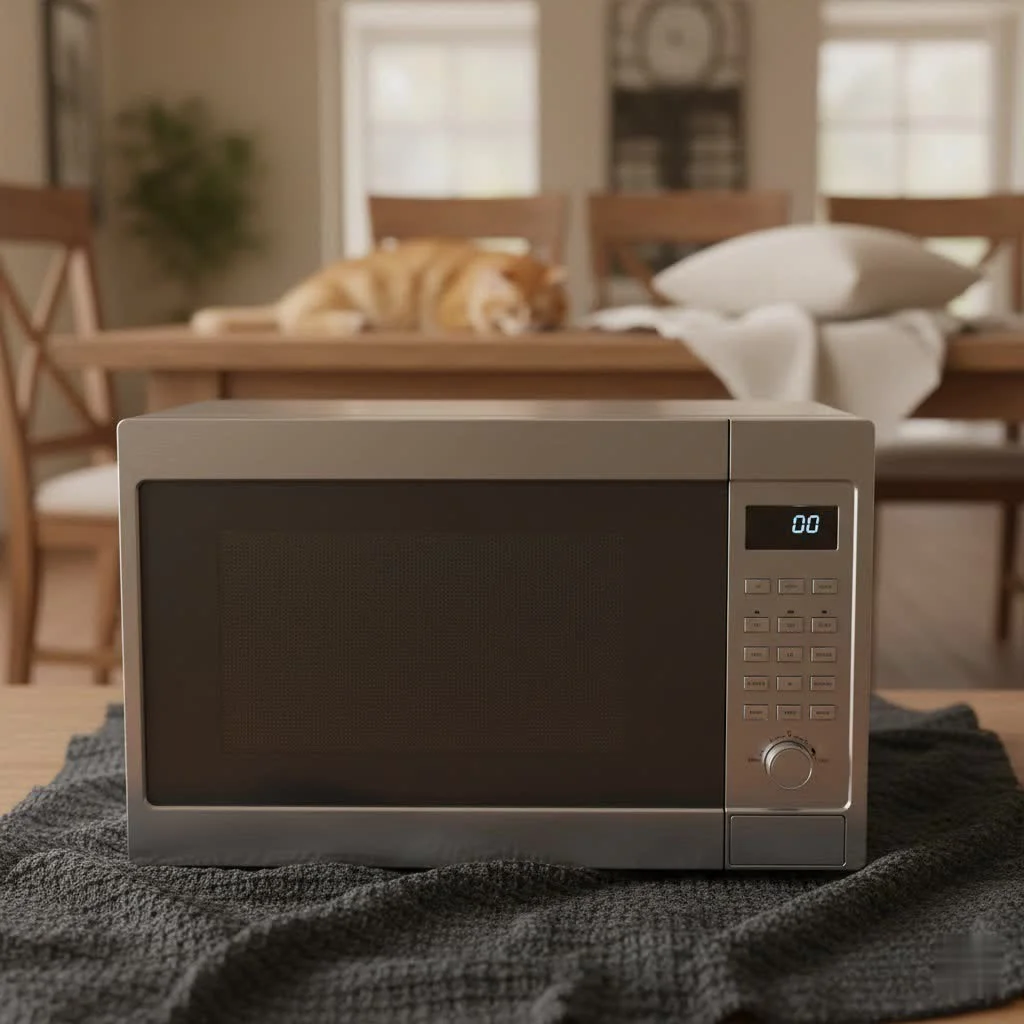 GE microwave oven in a modern kitchen