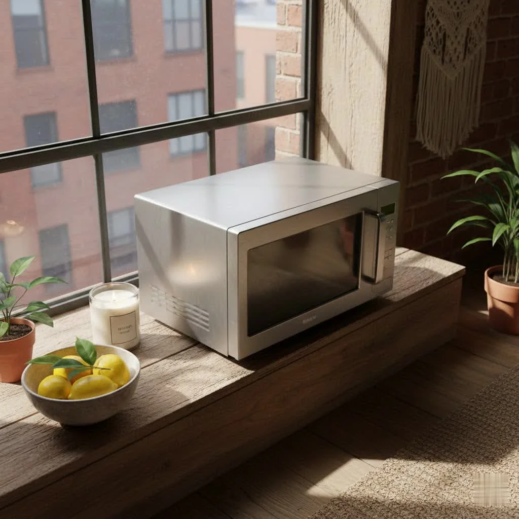 Modern over-the-range microwave above a stovetop