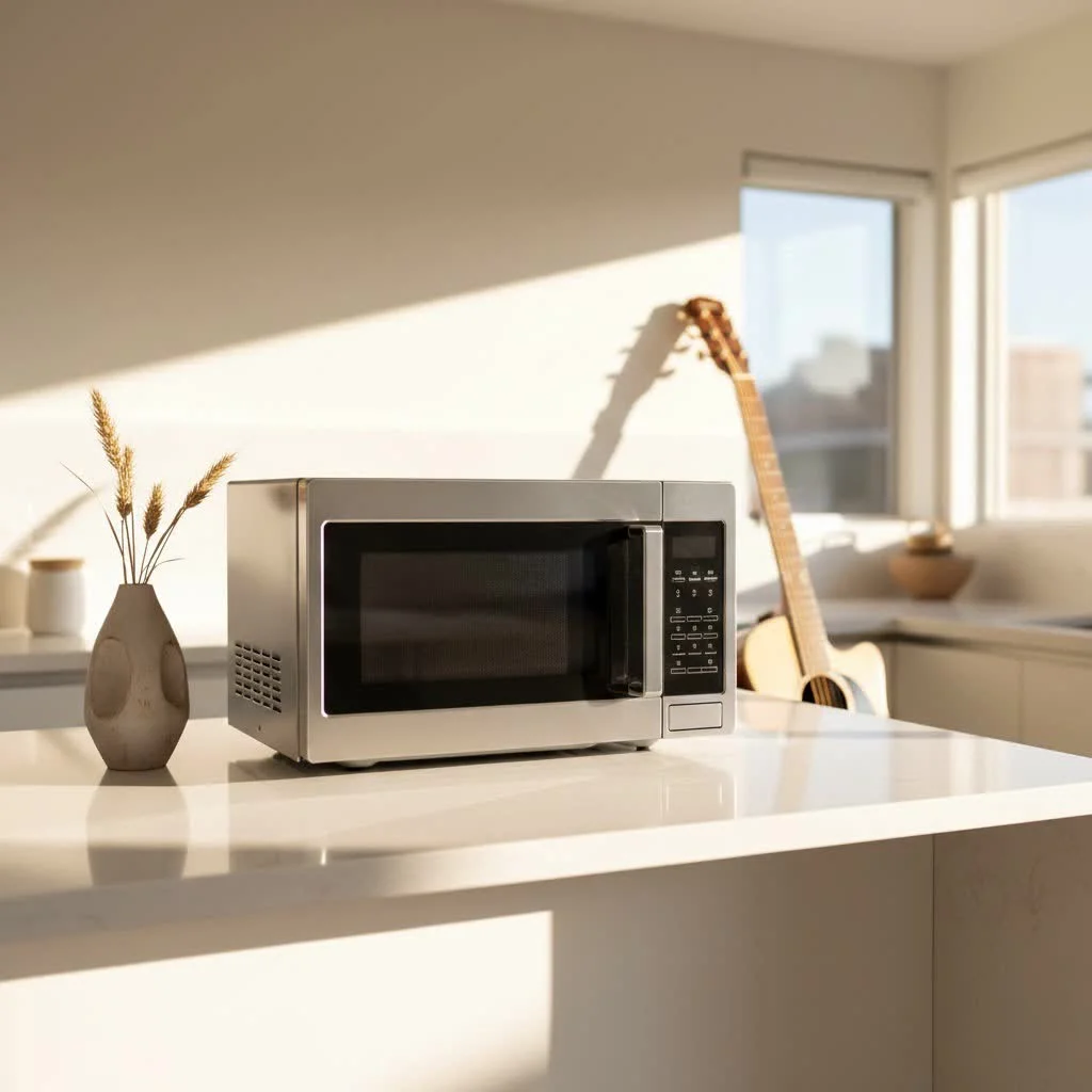 Affordable microwave oven on a kitchen counter